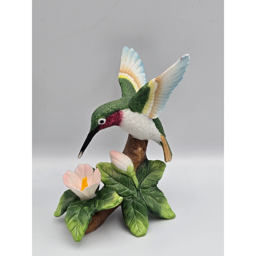 Pair Ceramic Hummingbirds with Flowers Figurine Hand Painted Collectible - Picture 2 of 8